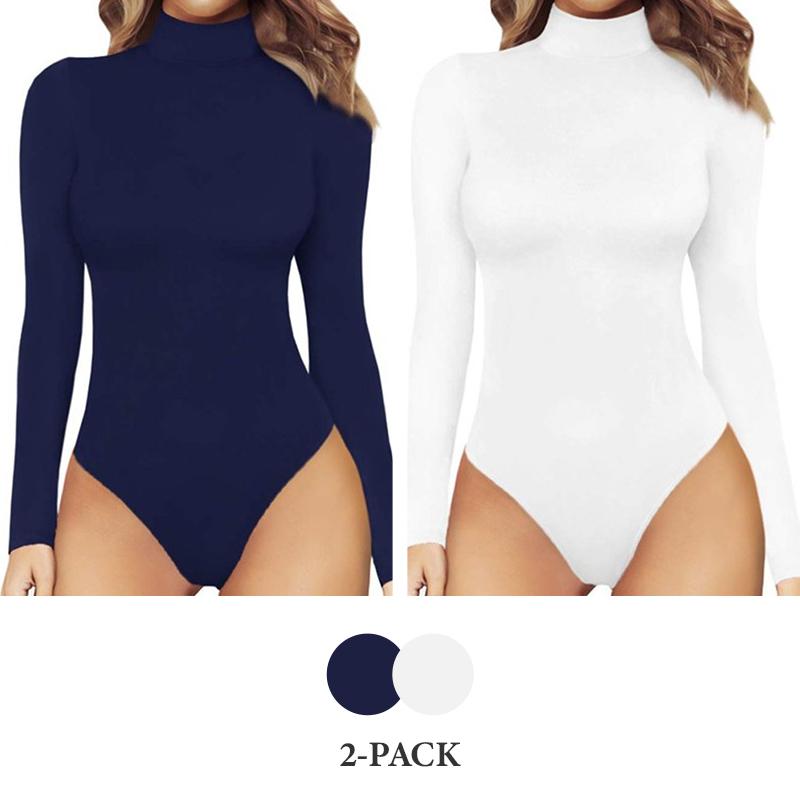 Mudere 2 Pcs Women's Mock Turtle Neck Long Sleeve Tops Bodysuit Workout Shapewear Perfect for Fall and Winter Minimalist Longsleeves Womenswear Underwear