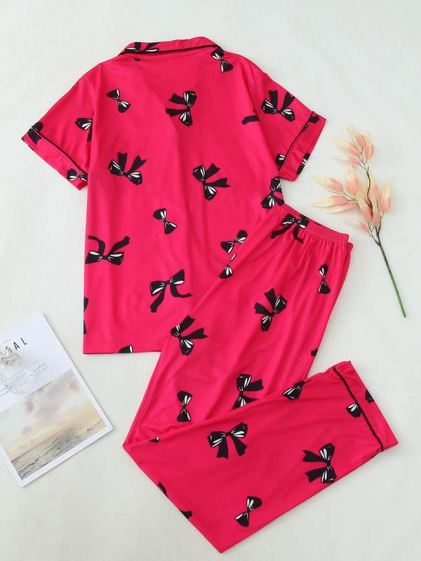 Two-piece Set Women's Bowknot  Print Contrast Binding Lapel Shirt & Elastic Waist Pants Pyjama, Casual Comfy Short Sleeve Pocket Top & Trousers Pj Set, Ladies Sleepwear for All Seasons