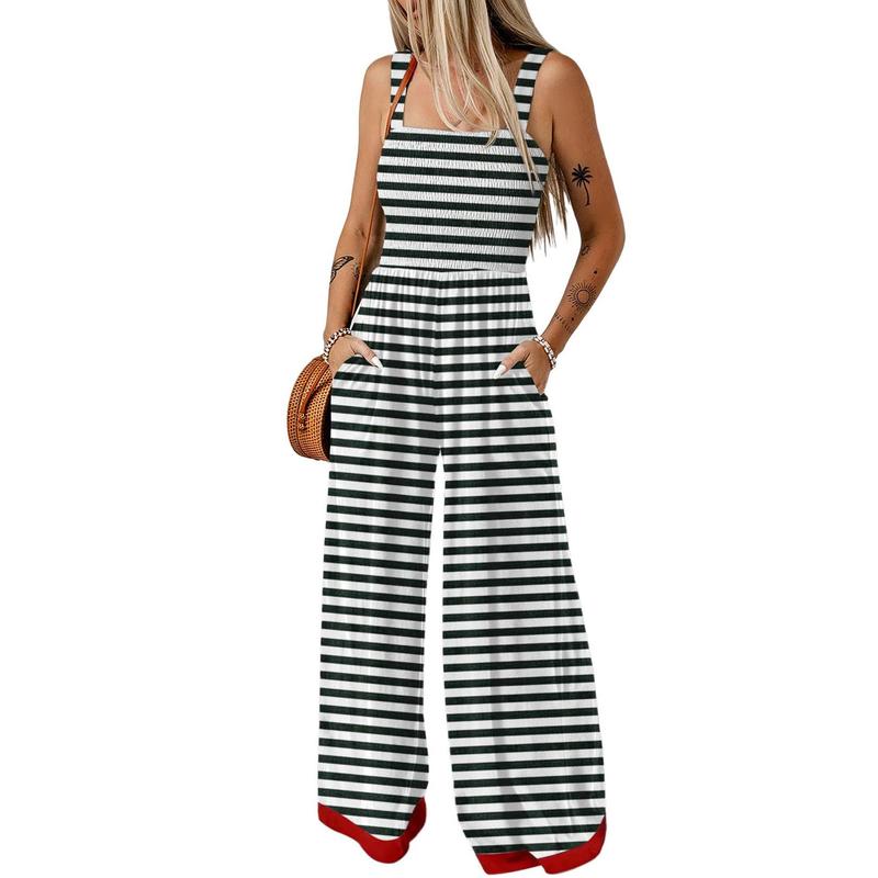 Dokotoo Square Neckline Stretch Waistband Striped Colors Jumpsuit Casual High Waist Colorblock Sleeveless Shift