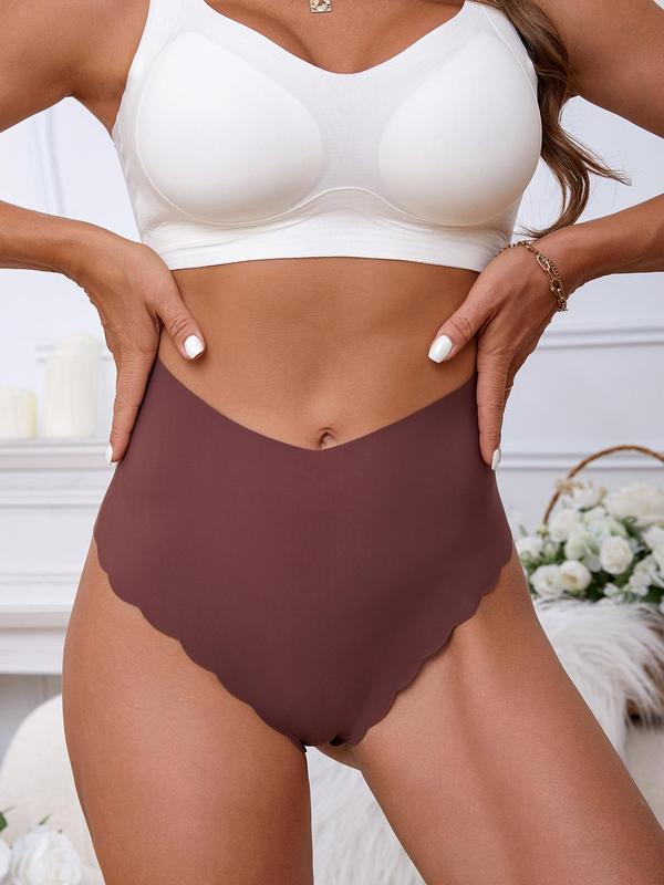 Women's Solid Scallop Trim High Waist Panty, Soft Comfy Breathable Seamless Knicker for Daily Wear, Underwear for All Seasons