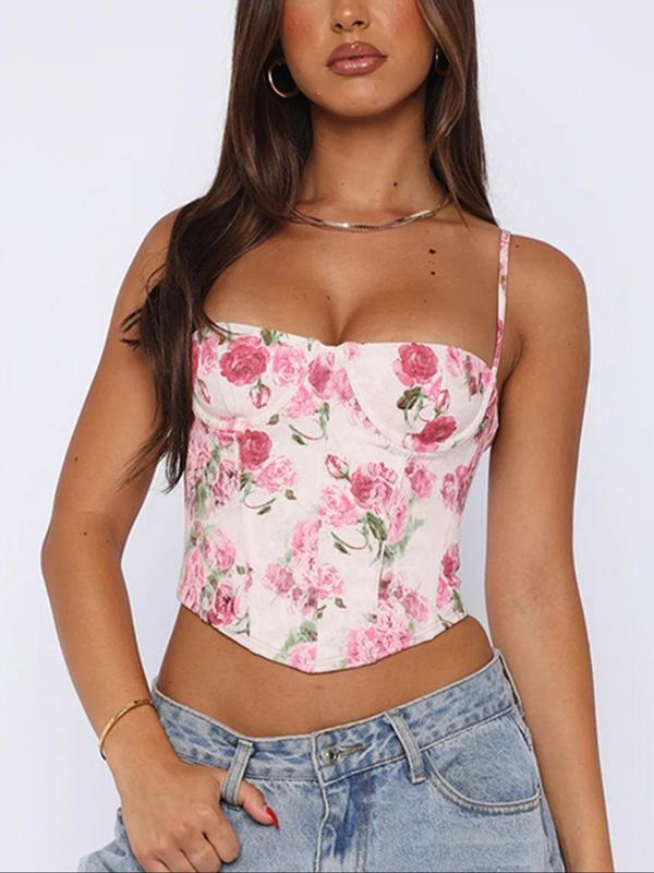 Women's Floral Print Asymmetrical Hem Crop Cami Top, Corset Top, Chic Casual Spaghetti Strap Sleeveless Crop Tops for Summer, Ladies Clothes for Beach Holiday Vacation