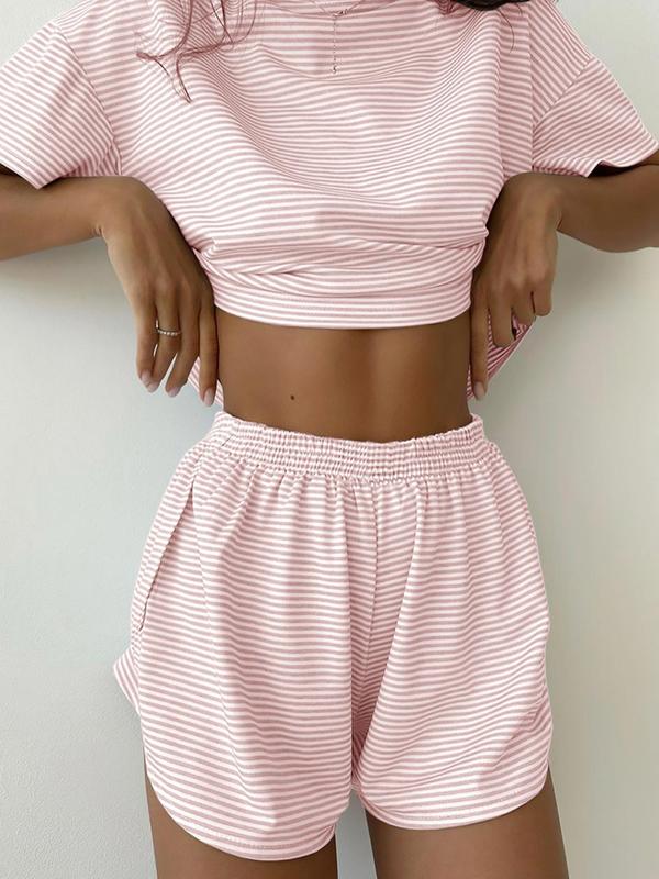 Two-Piece Set Striped Print Drop Shoulder Tee & Wrap Split Shorts Pyjama Set, Comfy Short Sleeve T-shirt & Elastic Waist Shorts Pj Set, Back To School Wear Lounge Sets, Pajama Sets Women, Fall Clothes Loungewear Nightwear Loungewear Nightwear