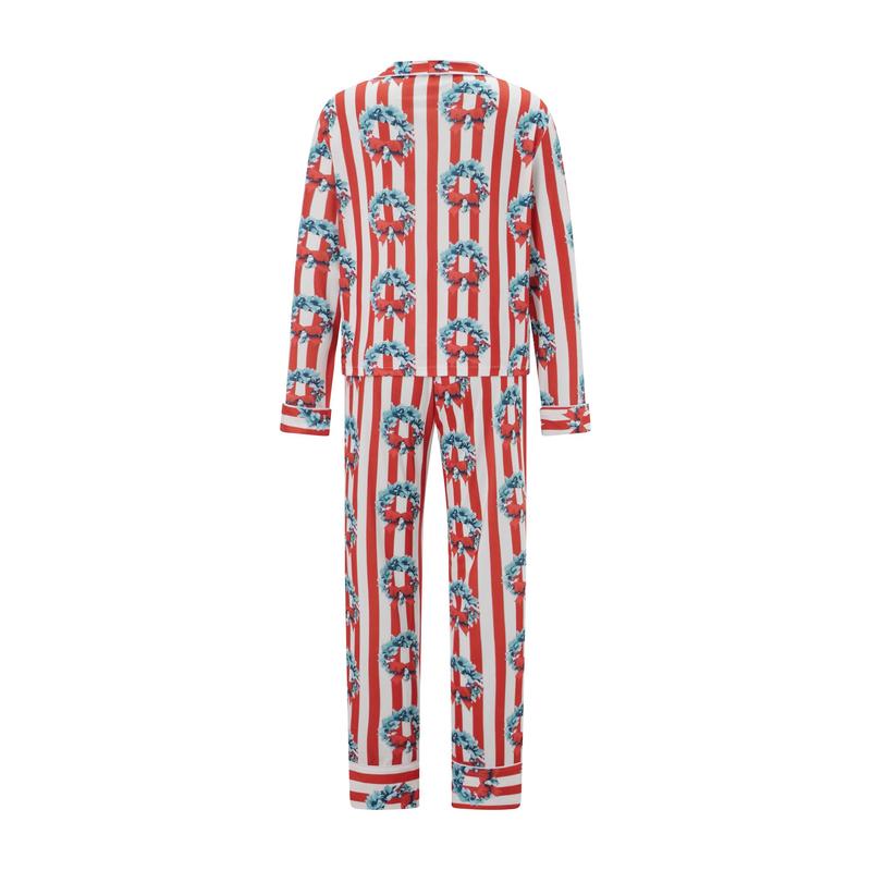 Family Matching Christmas Pajama Set, Striped Bow Wreath Print Long Sleeve Button Down Tops Elastic Waist Pants