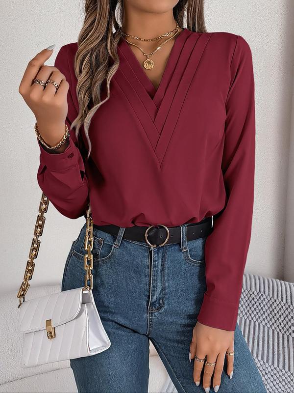 Women's Plain V Neck Blouse, Elegant Long Sleeve Shirts Top for Spring & Fall, Fall Outfits, Ladies Clothes for Daily Wear, Fall Clothing Women, Comfort Womenswear, Going Out Tops, Fall Clothes