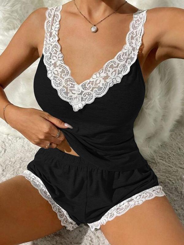 Women's 2pcs Contrast Lace Tank Top & Shorts Loungewear Set, Sleeveless Top & Shorts PJ Set, Summer Sleepwear Set for Women Birthday Gifts