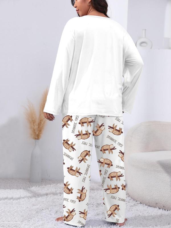  Two-Piece Set Cartoon Animals Print Tee & Elastic Waist Pants Pyjama Set, Casual Comfy Round Neck Long Sleeve T-shirt & Trousers PJ Set, Women's Sleepwear for Spring & Fall