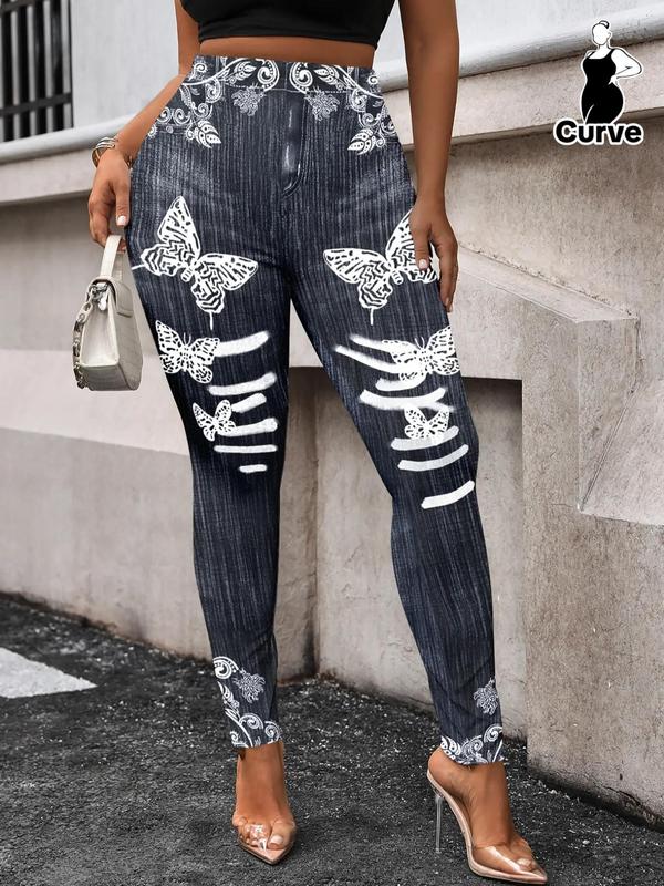  Butterfly & Floral Print High Waist Leggings, Casual Comfy Skinny Pants for Daily Wear, Women's Bottoms for Fall & Winter