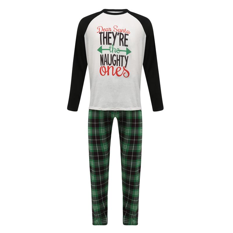 Christmas Pajamas For Family, Long Sleeve Letter Raglan Tops + Plaid Pants Set Loungewear