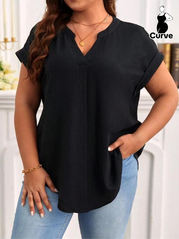  Plain Notched Neck Batwing Sleeve Shortsleeve Blouse, Plus Casual Short Sleeve Asymmetrical Hem Shirts Top for Lady, Going Out Tops, Plus Size Clothes, Women's Plus Clothing for Daily Wear, Womenswear, Summer Outfits 2024