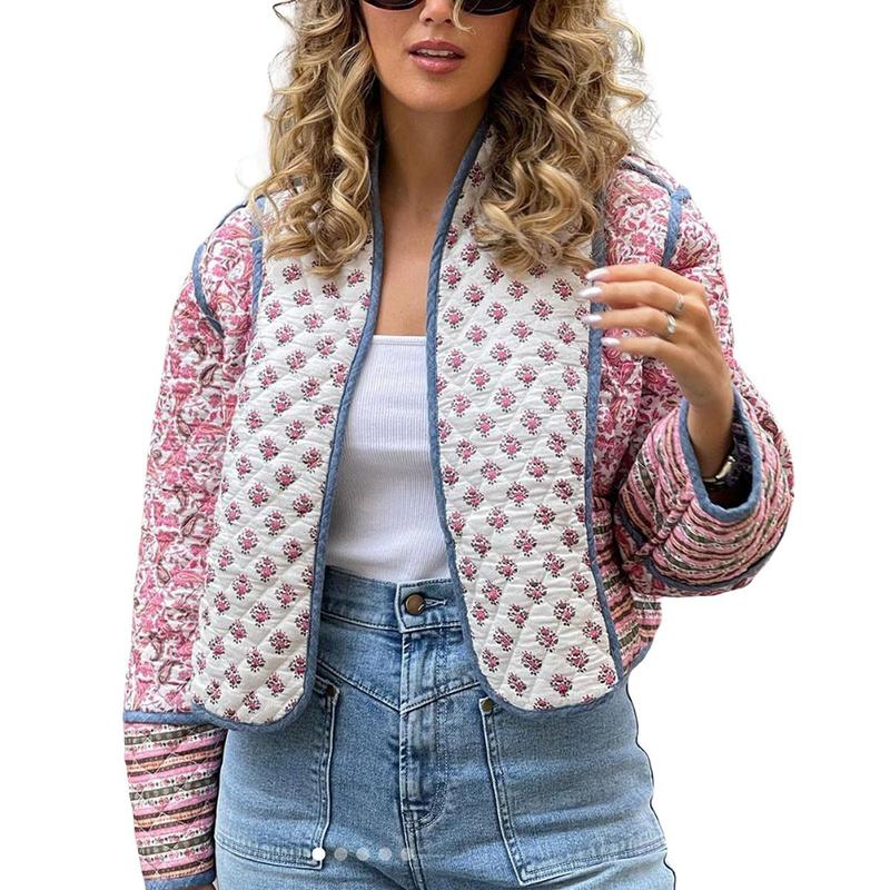 Naeduo Women's Cropped Floral Quilted Jacket Cardigan Printed Lightweight Open Front Padded Puffer Coat crop cardigan vintage tops Women's Faux