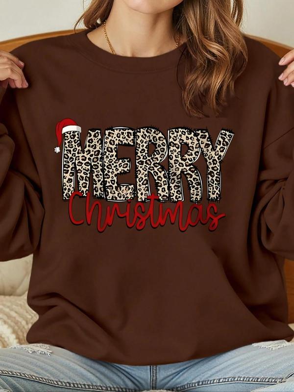 Women's Leopard Letter & Christmas Santa Hat Print Round Neck Pullover, Casual Long Sleeve Crew Neck Sweatshirt for Fall & Winter, Women's Clothes for Daily Wear