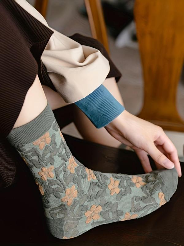Women's Colorblock & Floral Jacquard Crew Socks, Vintage Fashion Casual Comfy Socks for Daily Wear, Women Socks for Fall & Winter, Fall Wear, Fallfreshness