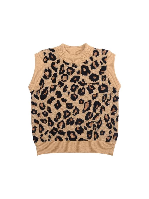 Women's Leopard Print Round Neck Sweater Vest, Casual Fashion Sleeveless Jumper Vest for Fall & Winter, Women's Knitwear for Daily Wear