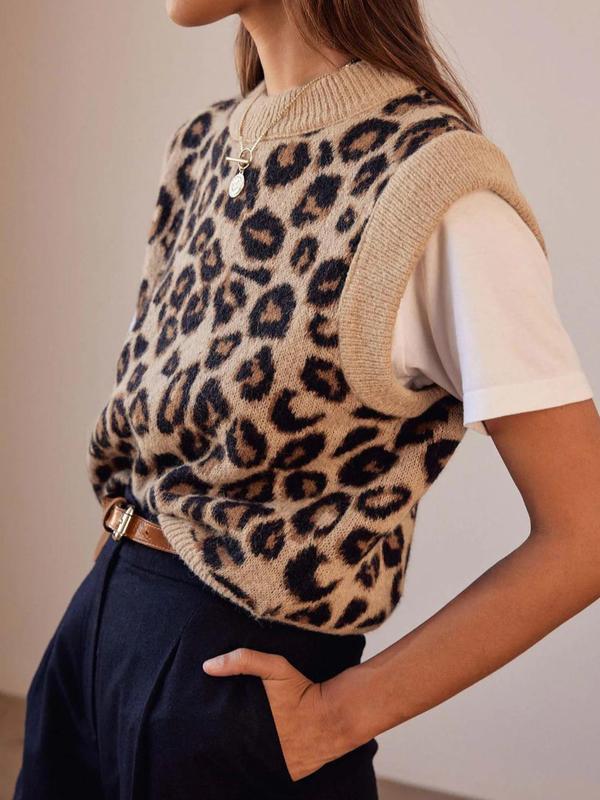 Women's Leopard Print Round Neck Sweater Vest, Casual Fashion Sleeveless Jumper Vest for Fall & Winter, Women's Knitwear for Daily Wear