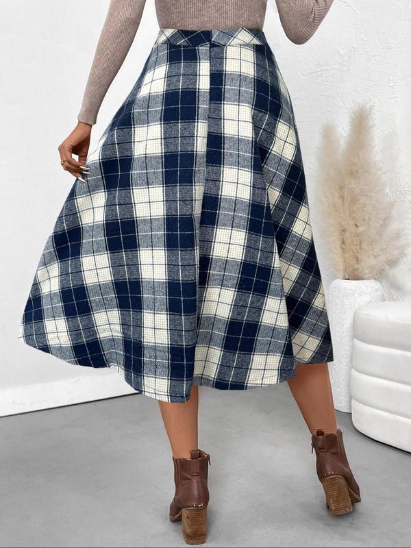 Women's Plaid Print High Waist Flared Skirt, Casual Fashion Preppy Long Skirt for Daily Outdoor Wear, Skirts for Women, Women's Bottoms for Fall & Winter