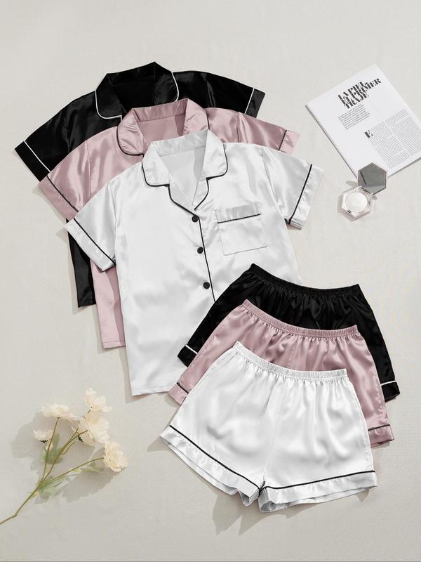 Soft Satin 6 Counts Women's Lapel Neck Short Sleeve Shirt & Elastic Waist Shorts Pajamas Set, Summer Clothes Women, Comfort Basic Minimalist Womenswear, Back To School Gifts, Button Front Shortsleeve Top & Shorts Pj Set, Sleepwear, Homewear