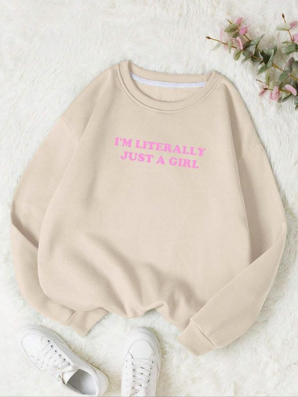 Women's Letter Print Thermal Lined Drop Shoulder Sweatshirt, Casual Long Sleeve Round Neck Pullover for Fall & Winter, Ladies Clothes for Daily Wear