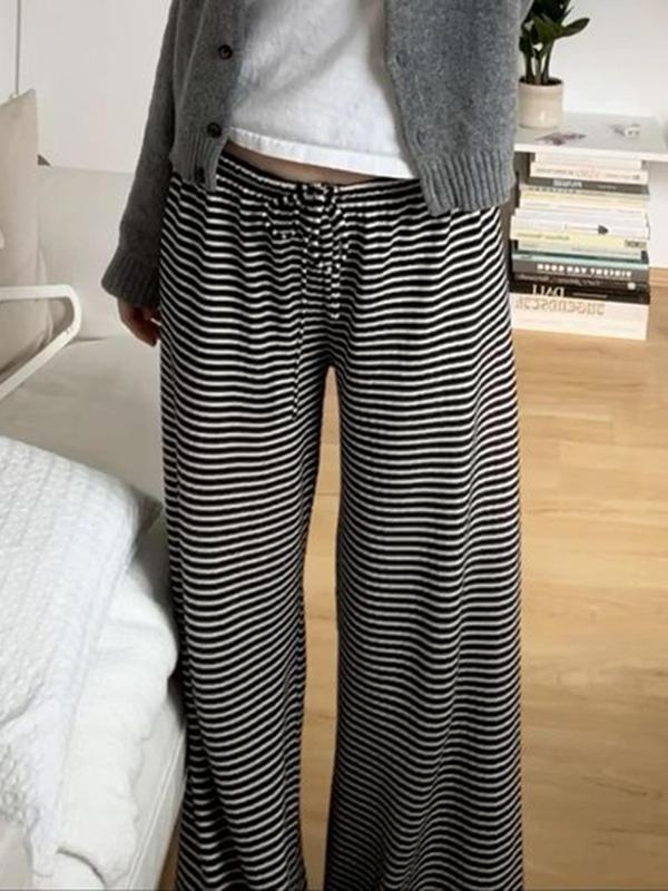 Women's Striped Print Drawstring Waist Pants, Casual Wide Leg Trousers for Daily Wear, Back To School Outfits, Ladies Bottoms for Fall, Fall Outfits, Fallfreshness, Downtown Girl Clothes