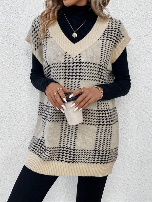 Women's Plaid Print Batwing Sleeve Sweater Dress, Casual V Neck Cap Sleeve Knit Dress for Daily Wear, Dresses for Women, Ladies Clothes for All Seasons, Preppy 80s Clothes