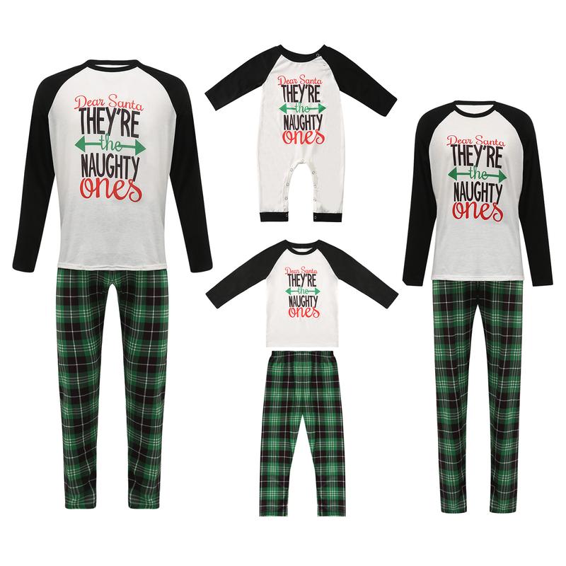 Christmas Pajamas For Family, Long Sleeve Letter Raglan Tops + Plaid Pants Set Loungewear