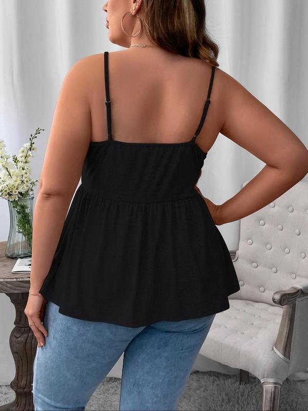 Plus Size Solid Plicated Peplum Tank Top, Casual Sleeveless Spaghetti Strap Top for Summer, Women's Plus Clothing for Daily Wear