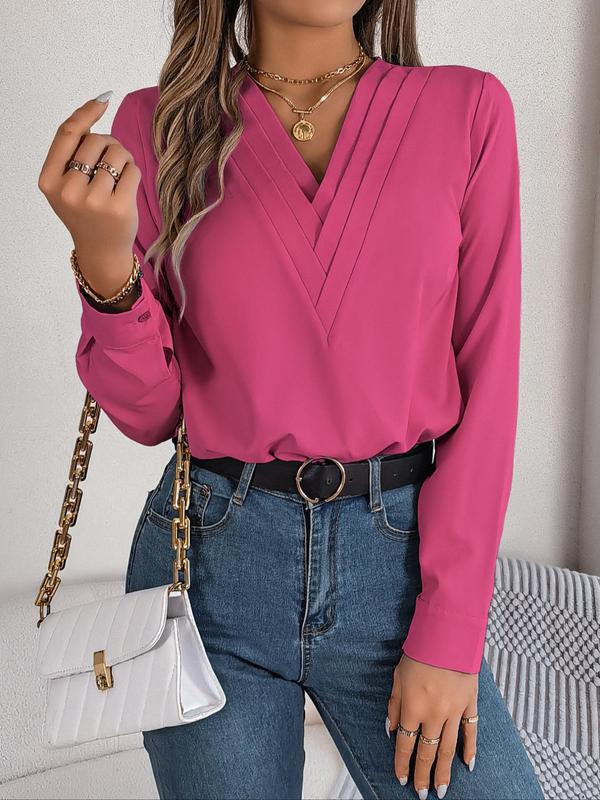 Women's Plain V Neck Blouse, Elegant Long Sleeve Shirts Top for Spring & Fall, Fall Outfits, Ladies Clothes for Daily Wear, Fall Clothing Women, Comfort Womenswear, Going Out Tops, Fall Clothes