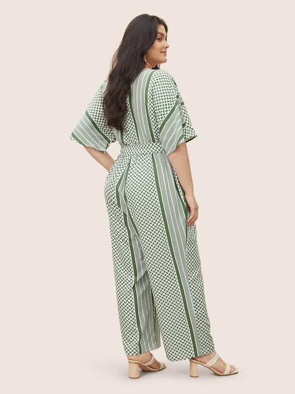 BloomChic Geometric Contrast Dolman Sleeve Pocket Belted Wrap Jumpsuit