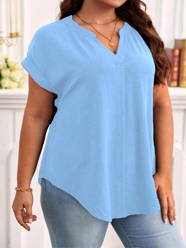  Plain Notched Neck Batwing Sleeve Shortsleeve Blouse, Plus Casual Short Sleeve Asymmetrical Hem Shirts Top for Lady, Going Out Tops, Plus Size Clothes, Women's Plus Clothing for Daily Wear, Womenswear, Summer Outfits 2024