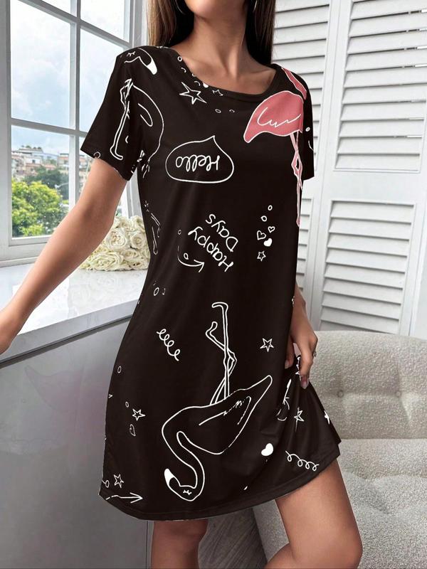 Women's All Over Print Round Neck Nightdress, Casual Soft Comfortable Short Sleeve Nightgown for Daily Wear, Ladies Sleepwear for All Seasons