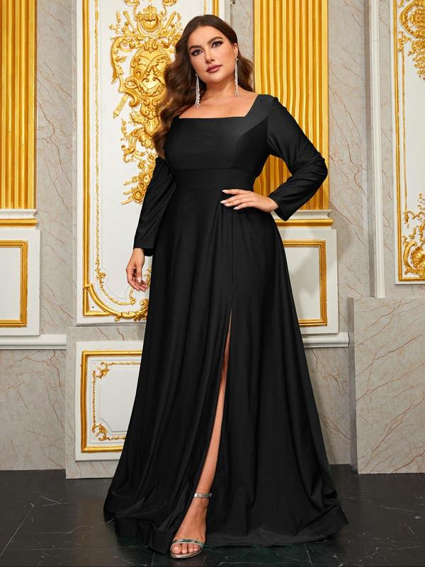  Split Thigh Evening Dress, Elegant Square Neck Long Sleeve Maxi Dress for Evening Party Gown, Women's Clothes for All Seasons