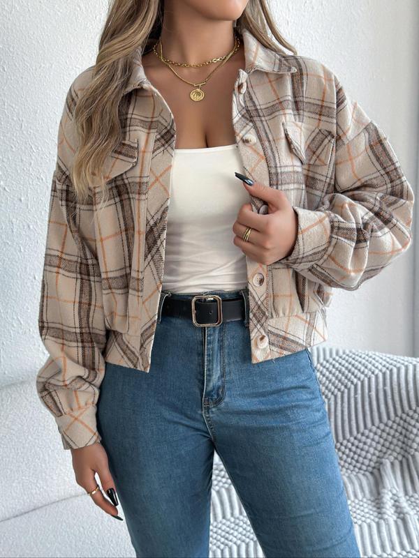 Women's Plaid Print Button Front Drop Shoulder Jacket, Casual Long Sleeve Collared Outerwear for Fall & Winter, Ladies Tops Clothes for Daily Wear