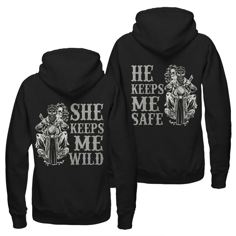 (BACK DESIGN)  Biker Matching Couple Hoodie Sweatshirt T-shirt , She Keeps Me Wild He Keeps Me Safe Hoodie, Anniversary Hoodie, Valentine's Day Hoodie, Cute Couple Hoodie, Gift For Couple D40234 Comfort Fit Womenswear Clothing