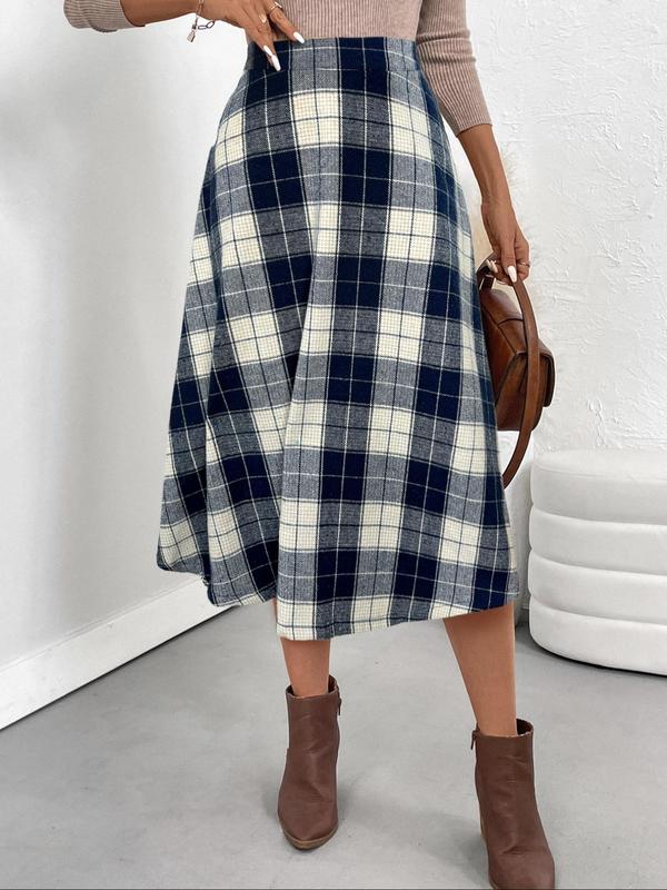 Women's Plaid Print High Waist Flared Skirt, Casual Fashion Preppy Long Skirt for Daily Outdoor Wear, Skirts for Women, Women's Bottoms for Fall & Winter