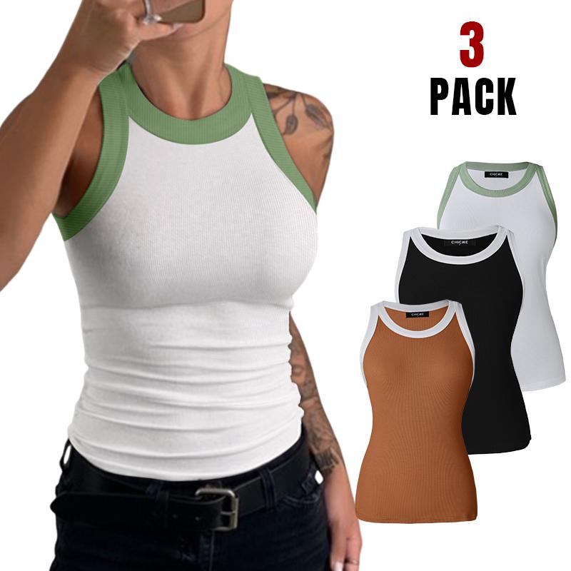 Chicme 3-Piece Contrast Binding Basic Slim Knit Ribbed Racerback Tank Top casual tanktop top