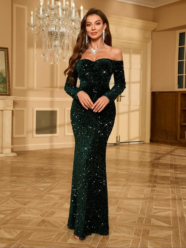 Women's Glitter Sequin Off The Shoulder Mermaid Dress, Elegant Long Sleeve Evening Party Gown, Ladies Clothes for All Seasons