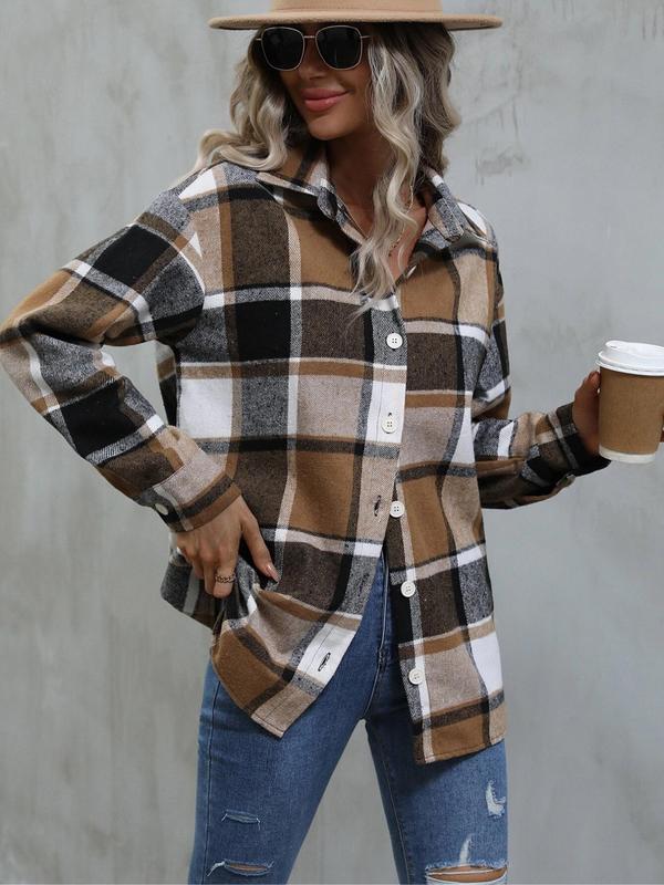 Women's Plaid Print Button Front Shirt, Casual Drop Shoulder Long Sleeve Collared Shirt for Fall & Winter, Women's Clothes for Daily Wear