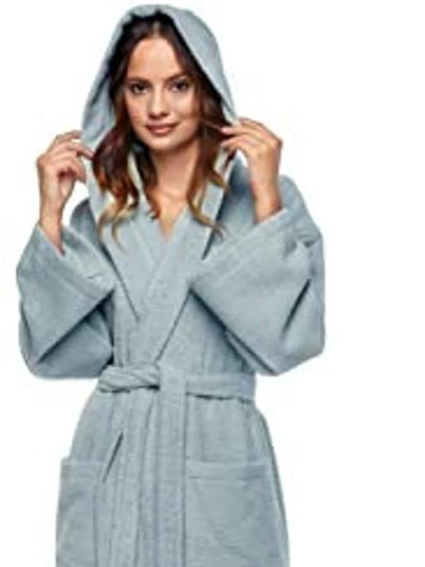 Women's Hooded Empress Cotton Terry Bathrobe Full Length Long, Belt Womenswear Comfort Gowns Pockets Nightwear Style Lady