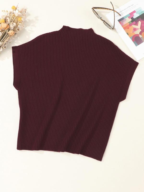 Women's Plain Pocket Batwing Sleeve Ribbed Knit Top, Fall Outfits, Casual Mock Neck Cap Sleeve Knitwear Fall Sweaters for Spring & Fall, Fashion Women's Knit Clothing for Daily Wear, Preppy 80s Clothes