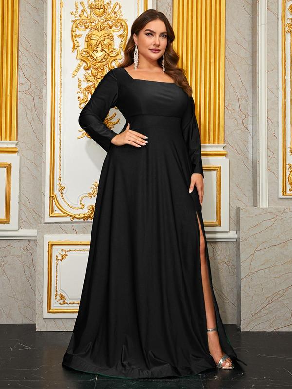  Split Thigh Evening Dress, Elegant Square Neck Long Sleeve Maxi Dress for Evening Party Gown, Women's Clothes for All Seasons