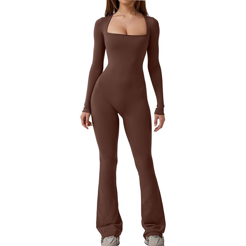 Women's Long Sleeve Jumpsuit Square Neck Wide Leg Full Length Bodysuit Jumpsuit One-Piece Body Shaping Workout Bodysuit