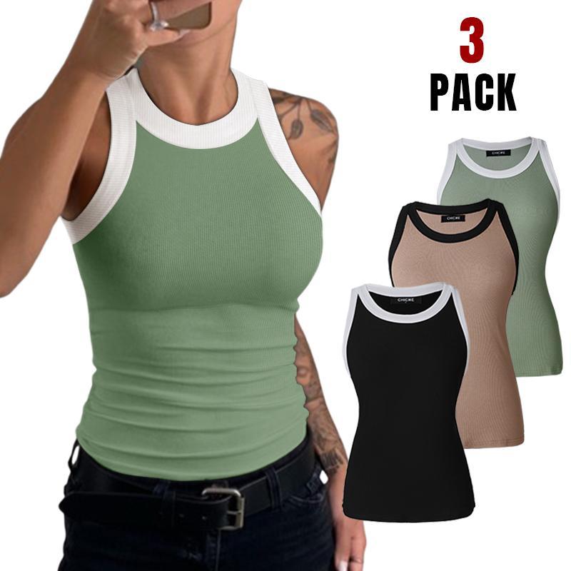 Chicme 3-Piece Contrast Binding Basic Slim Knit Ribbed Racerback Tank Top casual tanktop top