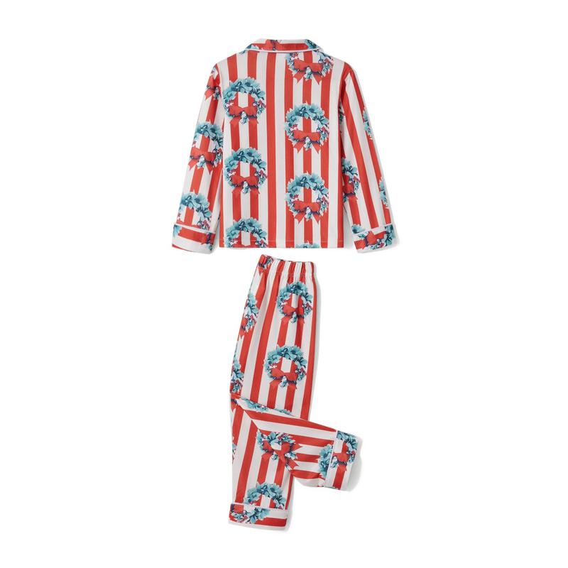 Family Matching Christmas Pajama Set, Striped Bow Wreath Print Long Sleeve Button Down Tops Elastic Waist Pants