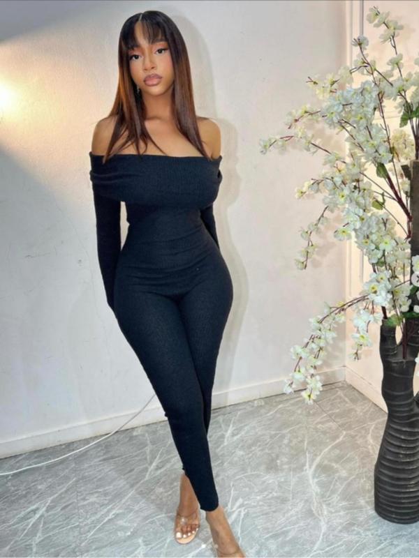 Women's Solid Off Shoulder Long Sleeve Jumpsuit, Casual Comfy Bodycon Jumpsuit for Daily Wear, Ladies Clothes for All Seasons