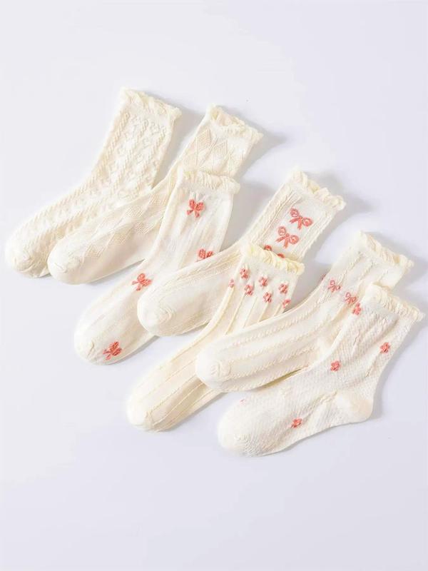 Women's 7 Pairs Bow & Floral Print Jacquard Frill Trim Crew Socks, Lady Casual Cute Soft Comfy Breathable Socks, Comfort Women Socks for All Seasons Daily Wear, Womenswear