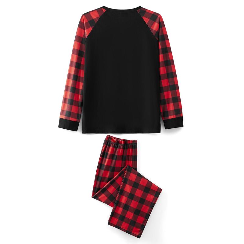 Matching Christmas Pajamas For Family Letter Santa Hat Print Long Sleeve Tops and Plaid Pants Sleepwear