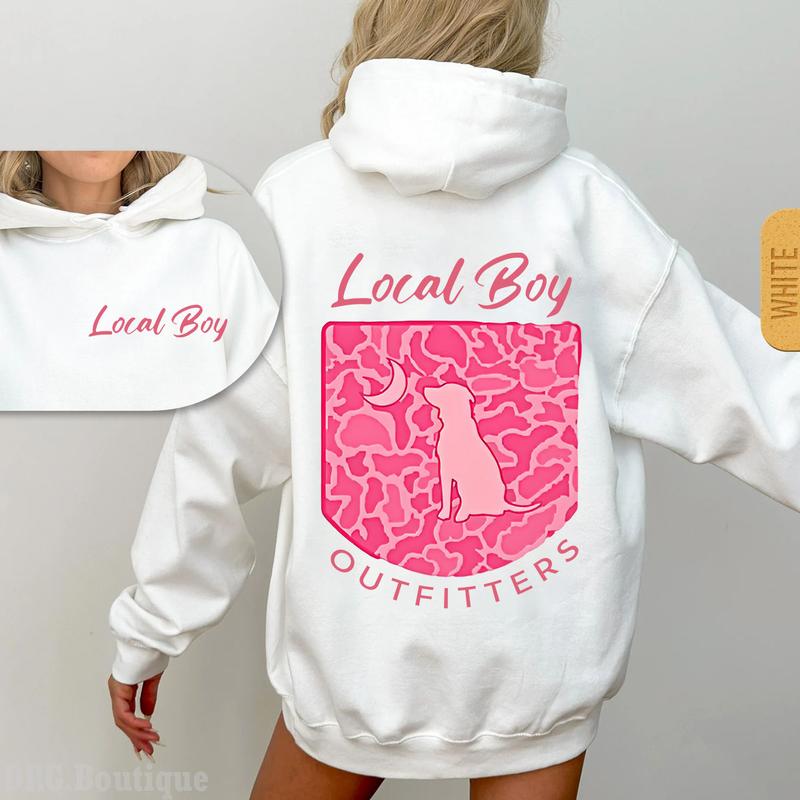 Local Boy Outfitters Hoodie,  Classic Camouflage Design Featuring Camo Dog and Moon Graphic Casual Hooded Pullover Cotton Womenswear Oversized Print