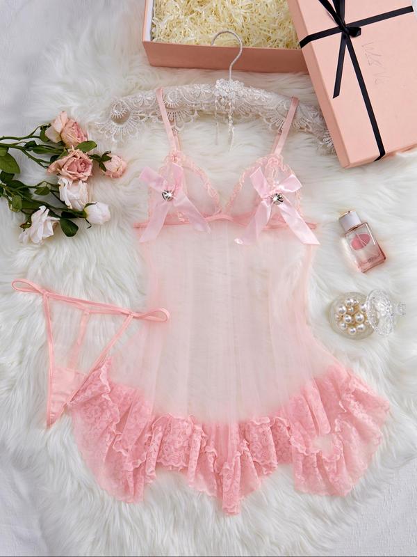 Women's Mesh Sheer Lace Hem Sexy Lingerie Two-piece Set, Bow Decor Cami Nightdress & Thong Set, Women's Lingerie & Underwear for All Seasons