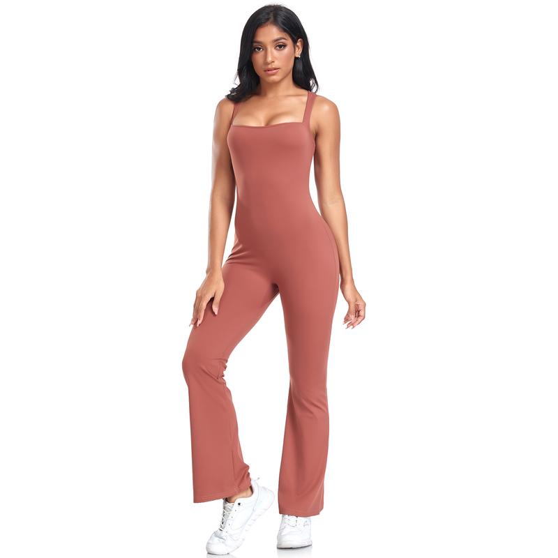 JOJOANS Womens Flare Jumpsuit Square Neck Bodycon Jumpsuit Strappy Flared Long Pants Comfort Fabric Stretchy Fits Soft Womenswear