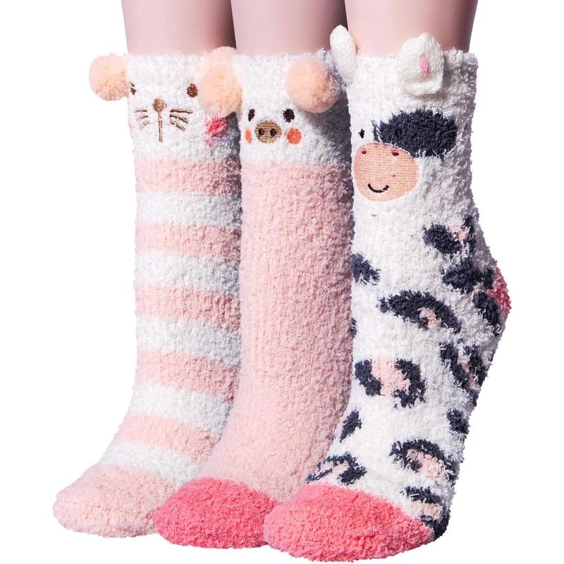 3 Pairs Womens Fuzzy Socks Cozy Winter Warm Fluffy Soft Cute Animal Fuzzy Home Slipper Socks