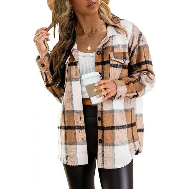 Autumn and Winter Women's Large Pocket Shirt Casual Plaid Top Loose Long Sleeve Ins Shirt